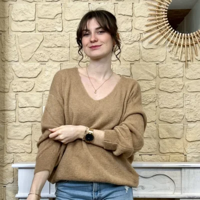 I776 - Pull col V en maille douce - camel - taille-unique-grande-taille