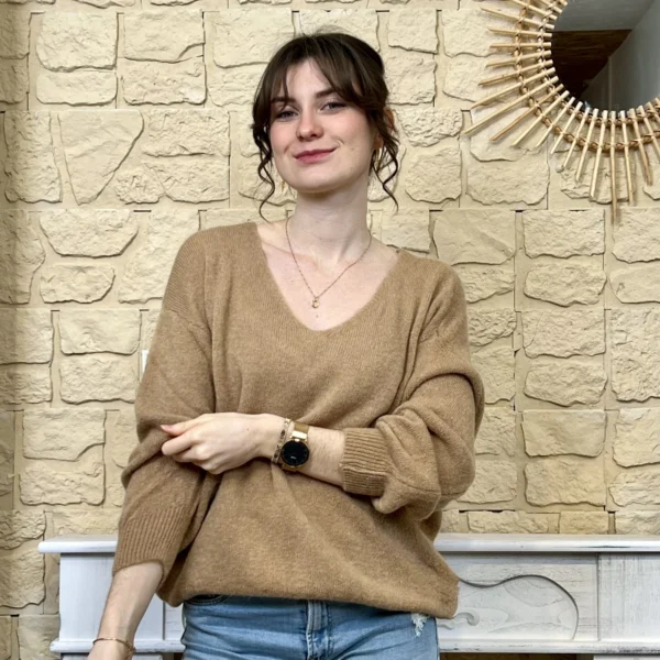 I776 - Pull col V en maille douce - camel - taille-unique-grande-taille