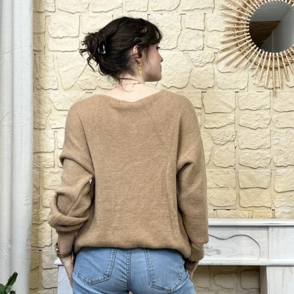 I776 - Pull col V en maille douce - camel - taille-unique-grande-taille