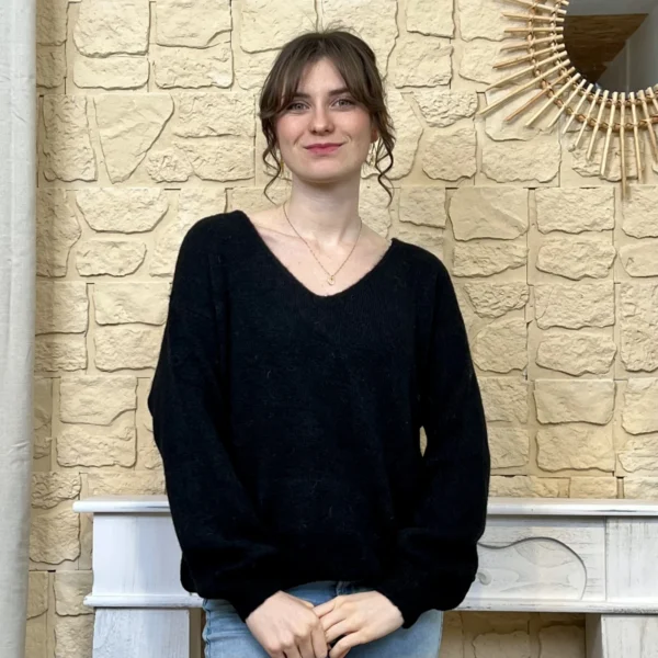 I776 - Pull col V en maille douce - noir - taille-unique-grande-taille