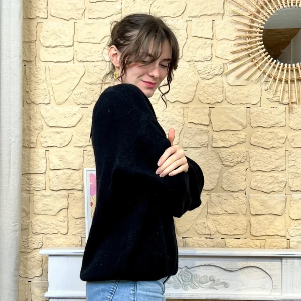 I776 - Pull col V en maille douce - noir - taille-unique-grande-taille