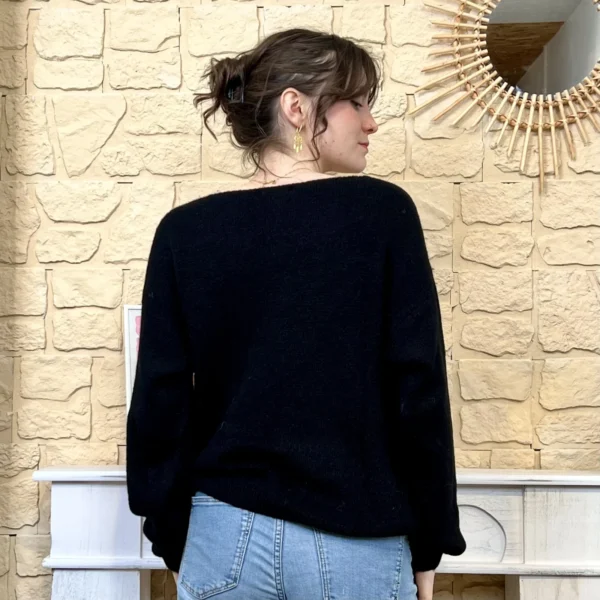 I776 - Pull col V en maille douce - noir - taille-unique-grande-taille