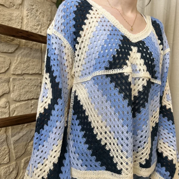 I765 - Pull crochet loose (TU) - bleu-jeans - taille-unique
