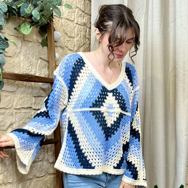 I765 - Pull crochet loose (TU) - bleu-jeans - taille-unique