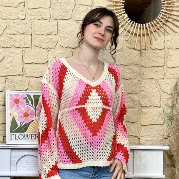 I765 - Pull crochet loose (TU) - fuchsia - taille-unique