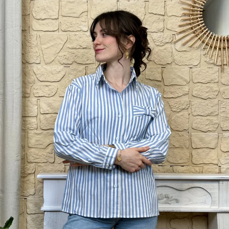 I740 - Chemise rayée nœud - bleu-ciel - 38