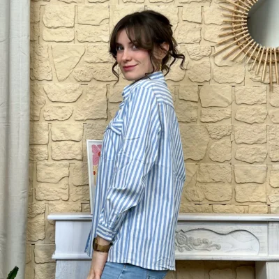 I740 - Chemise rayée noeud (T36-T38) - bleu-ciel - 38