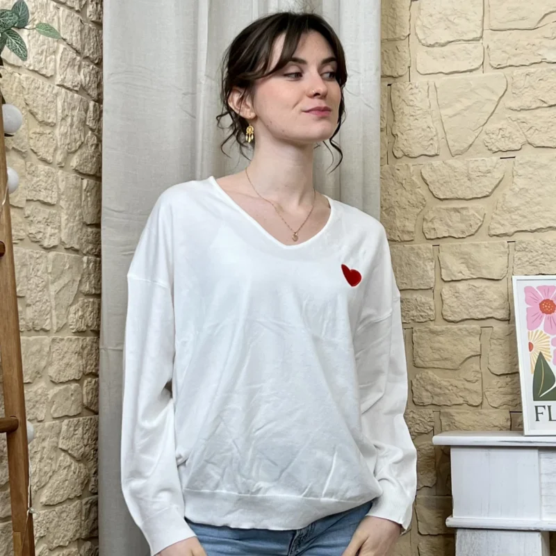 I734 - Pull léger (TU) - ecru-rouge - taille-unique