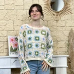 Pull crochet coton multicolore - bleu-ciel - taille-unique