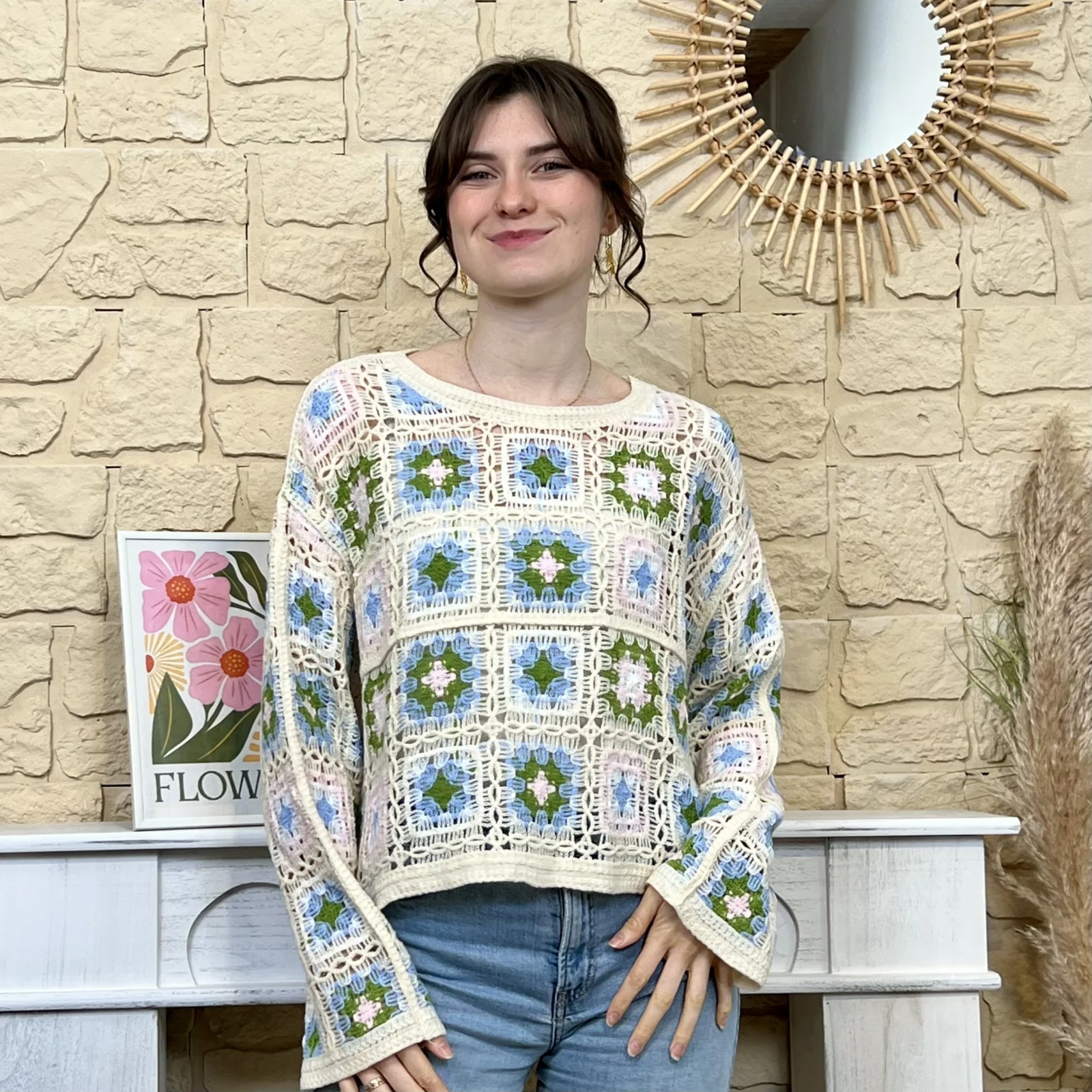 Pull crochet coton multicolore - bleu-ciel - taille-unique