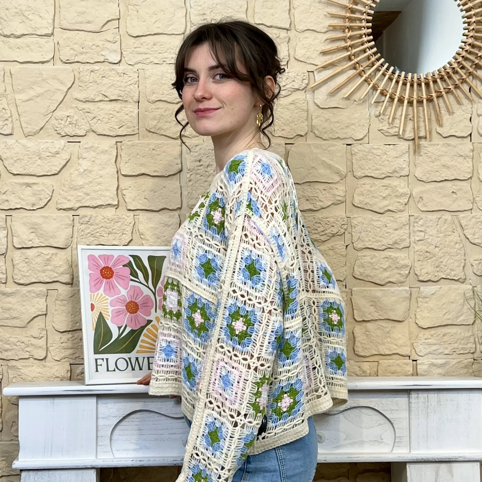 Pull crochet coton multicolore - bleu-ciel - taille-unique