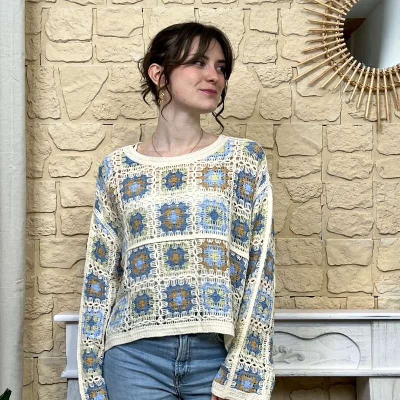 pull macramé colrond - bleu-jeans-taupe - taille-unique