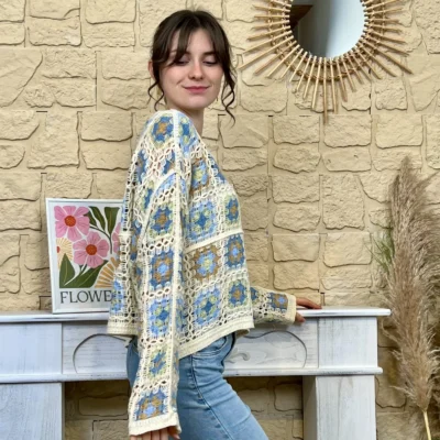 pull macramé colrond - bleu-jeans - taille-unique