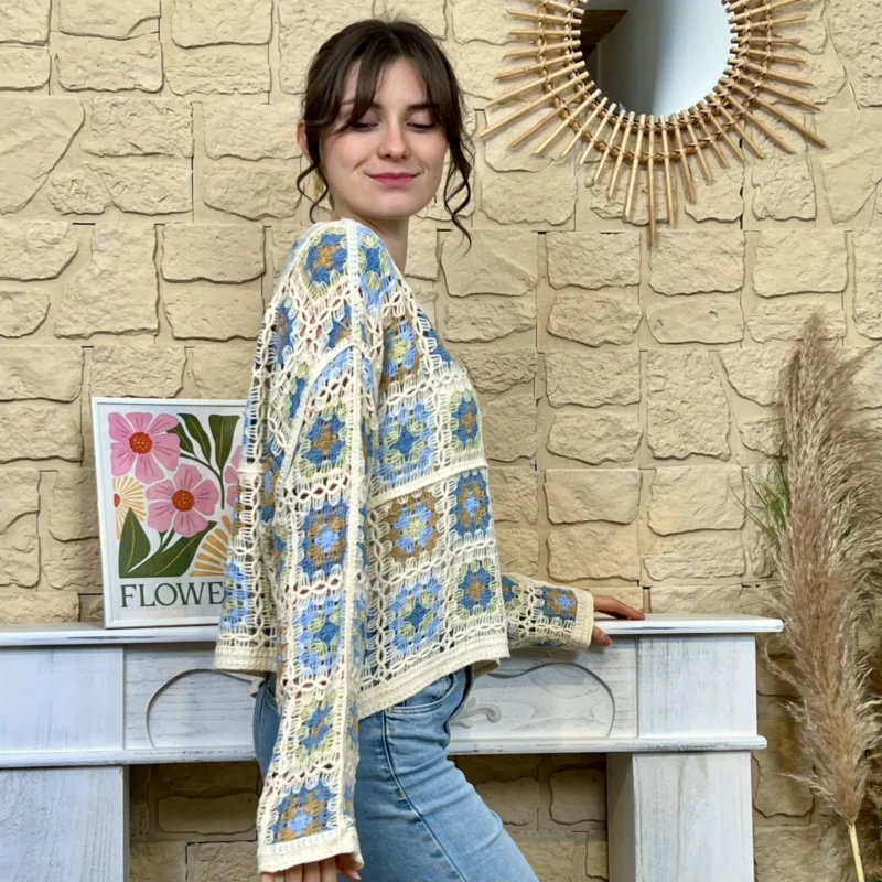 Pull crochet coton multicolore - bleu-jeans-taupe - taille-unique