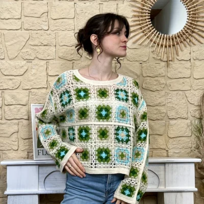 pull macramé colrond - vert-anis - taille-unique