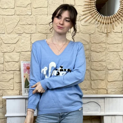 I732 - Pull vintage (TU) - bleu-ciel - taille-unique