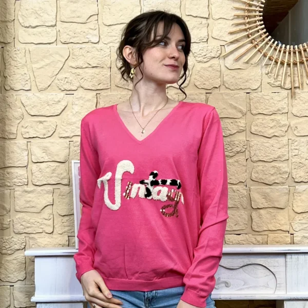 I732 - Pull vintage (TU) - fuchsia - taille-unique