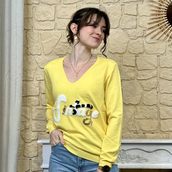 I732 - Pull vintage (TU) - jaune - taille-unique