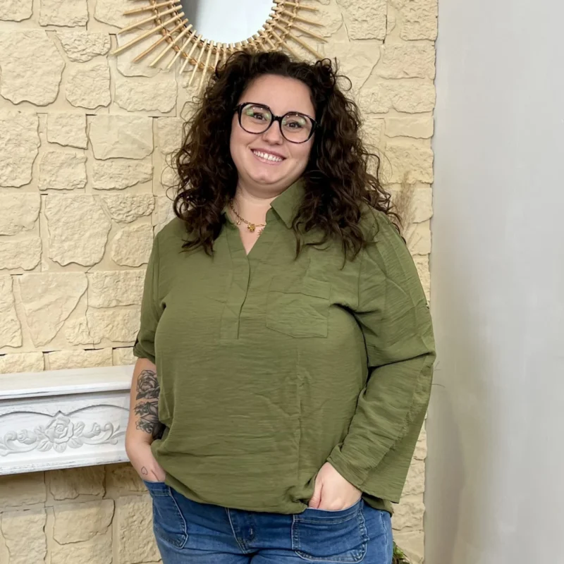 Blouse col chemise à poche (T44-T52) - kaki - 52