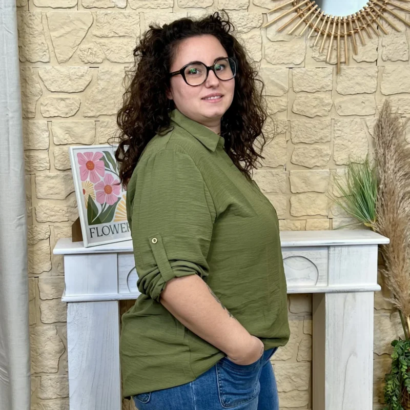 Blouse col chemise à poche (T44-T52) - kaki - 52