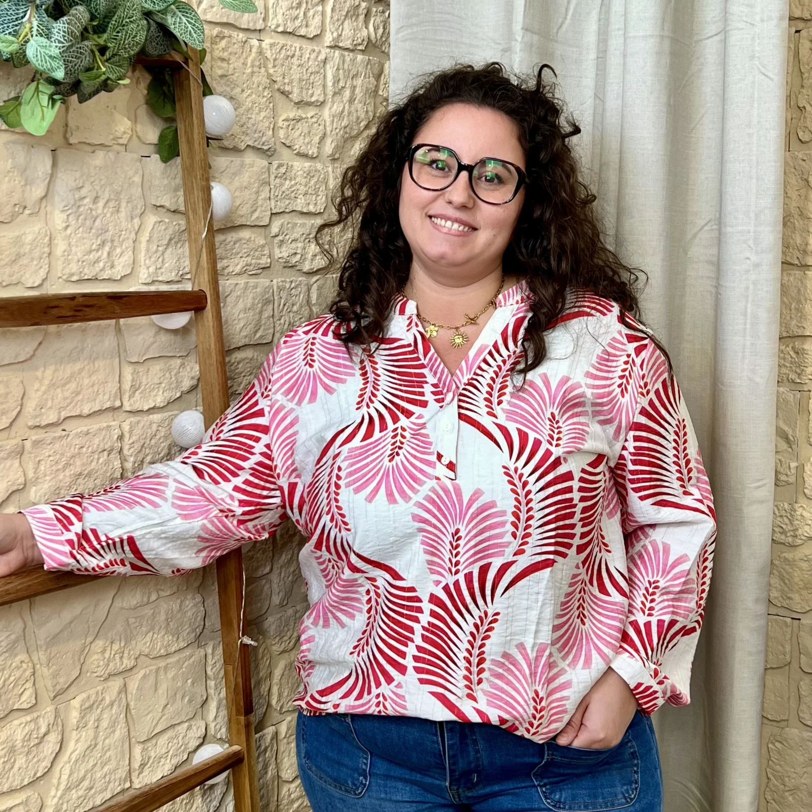 J804 - Blouse imprimé éventail (T44-T52) - rose - 52