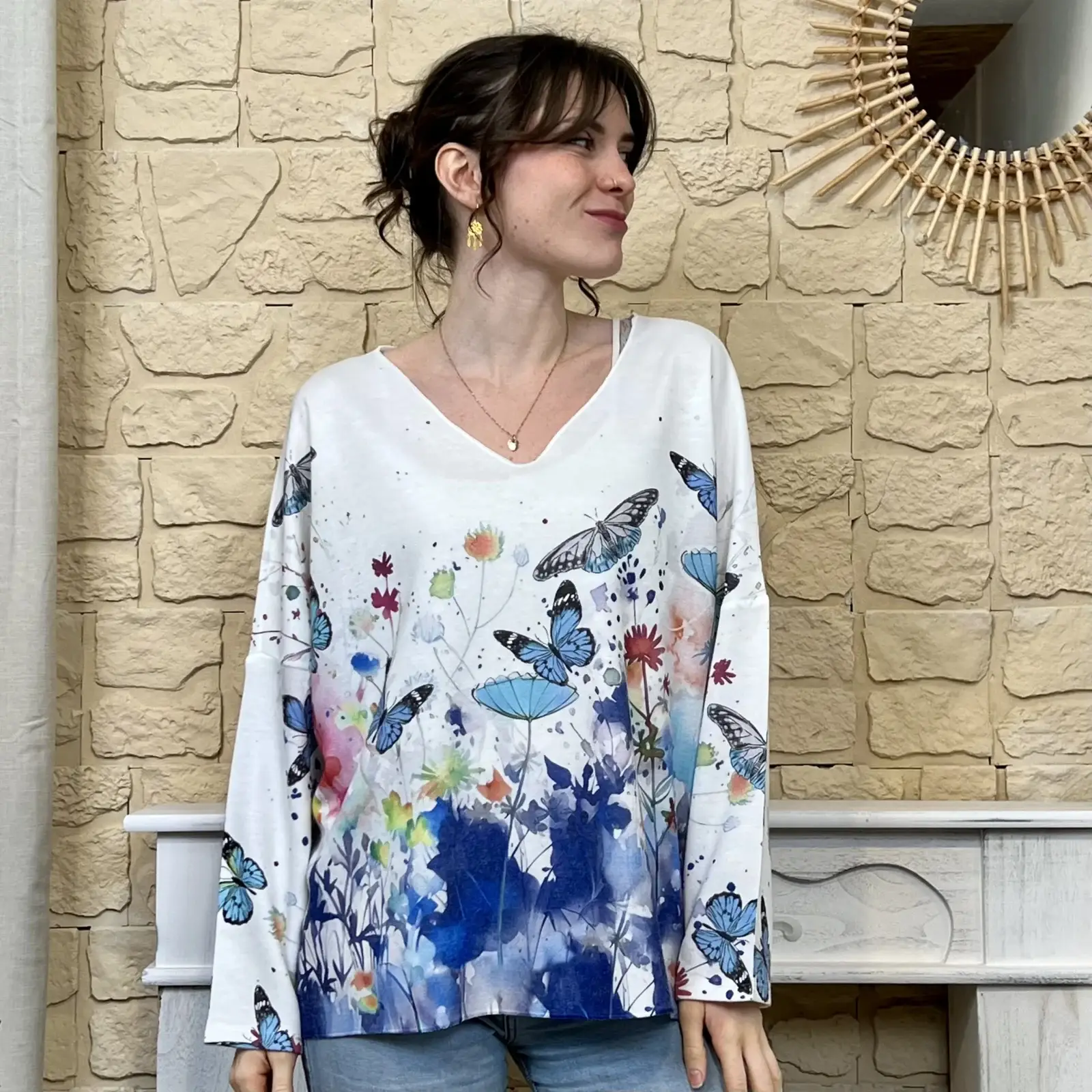 I744 - Pull à motifs (TU) - bleu-papillons - taille-unique