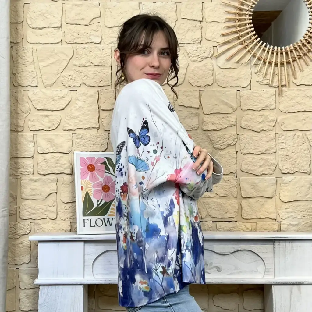I744 - Pull à motifs (TU) - bleu-papillons - taille-unique