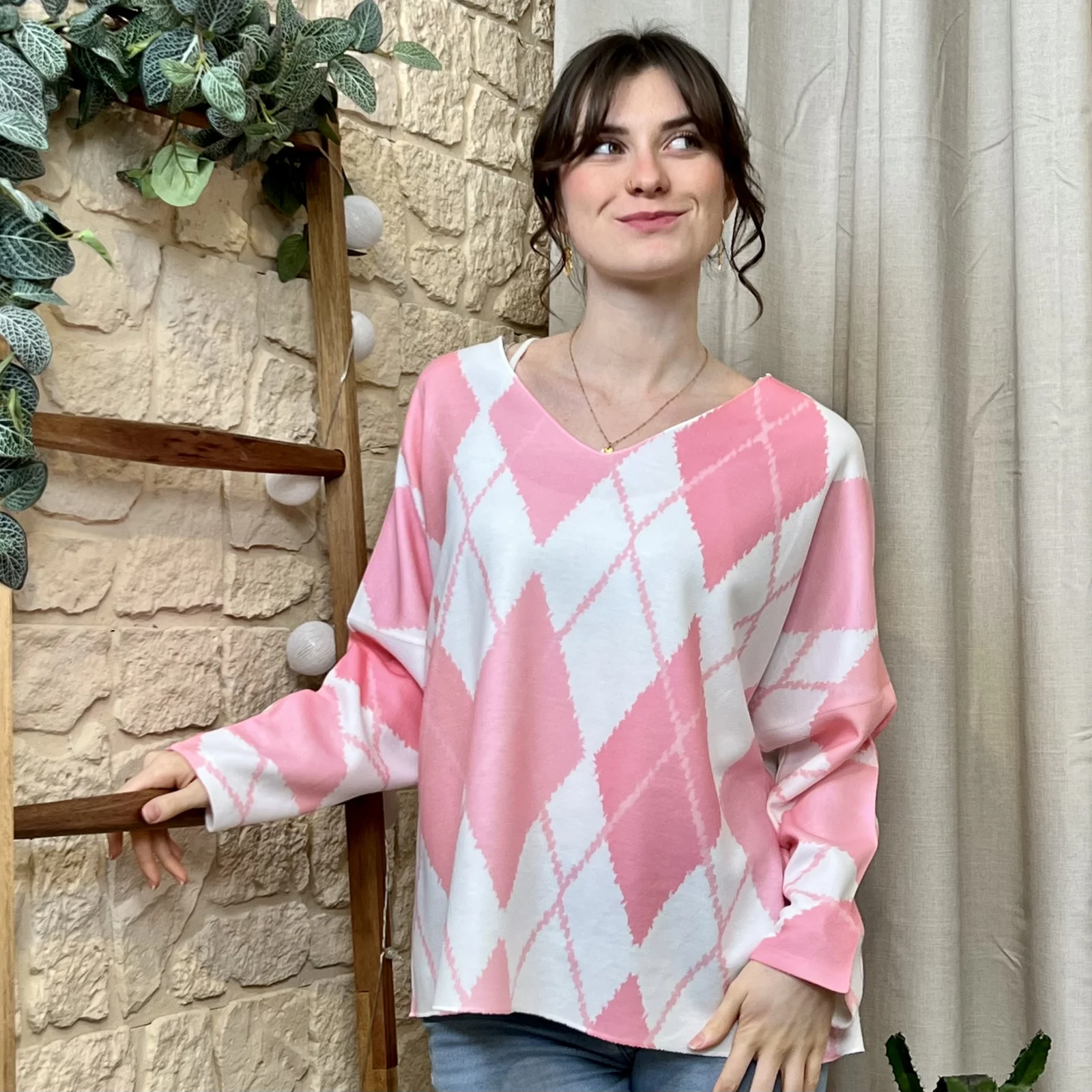 Pull à motifs (TU) - rose-losanges - taille-unique