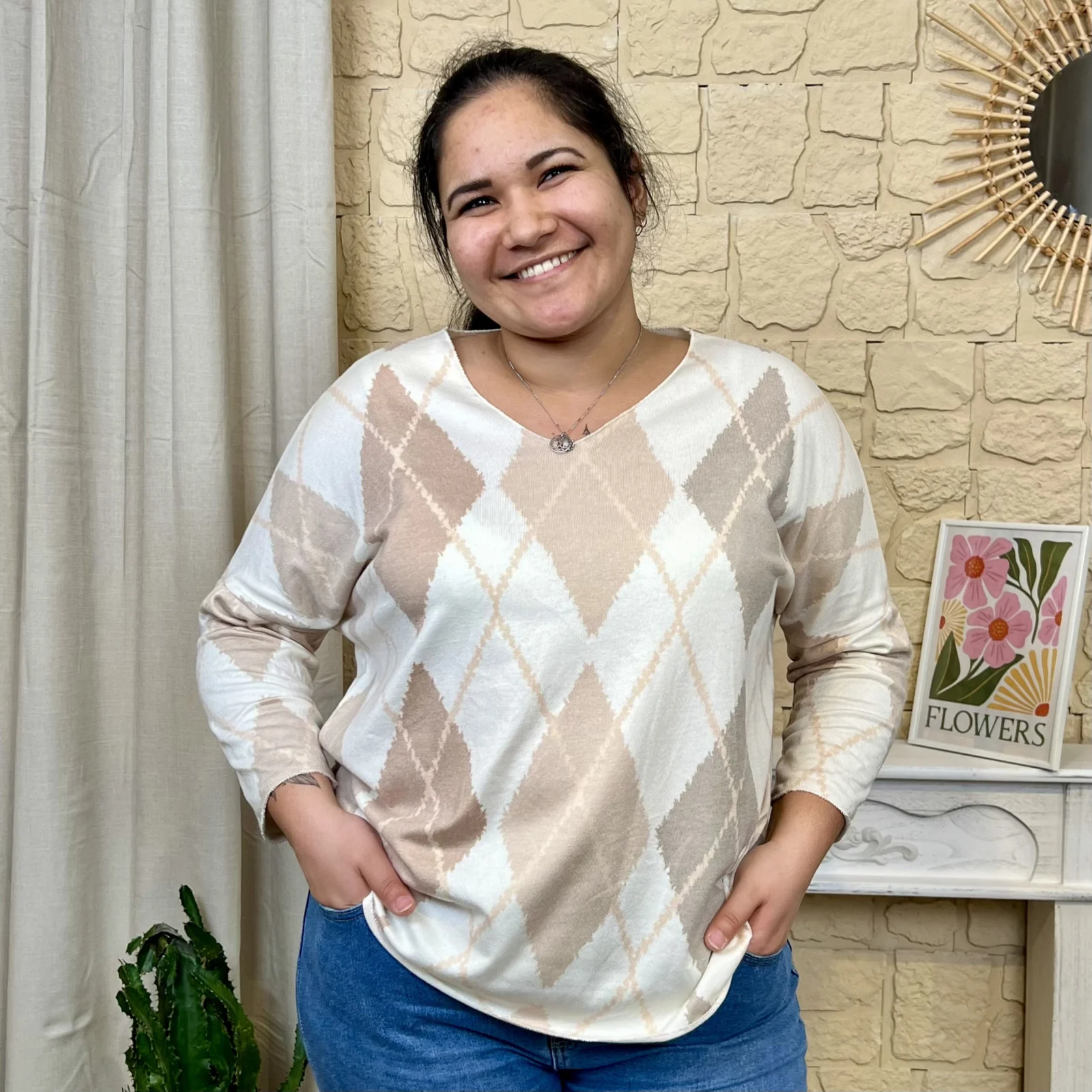 I727 - Pull losanges (TU) - beige - taille-unique