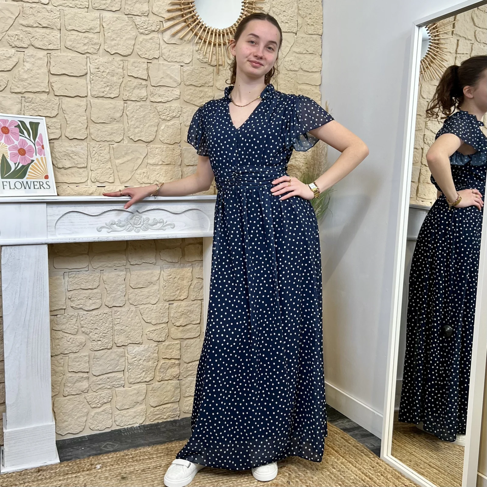 I684 - Robe longue à pois (TU) - marine - taille-unique
