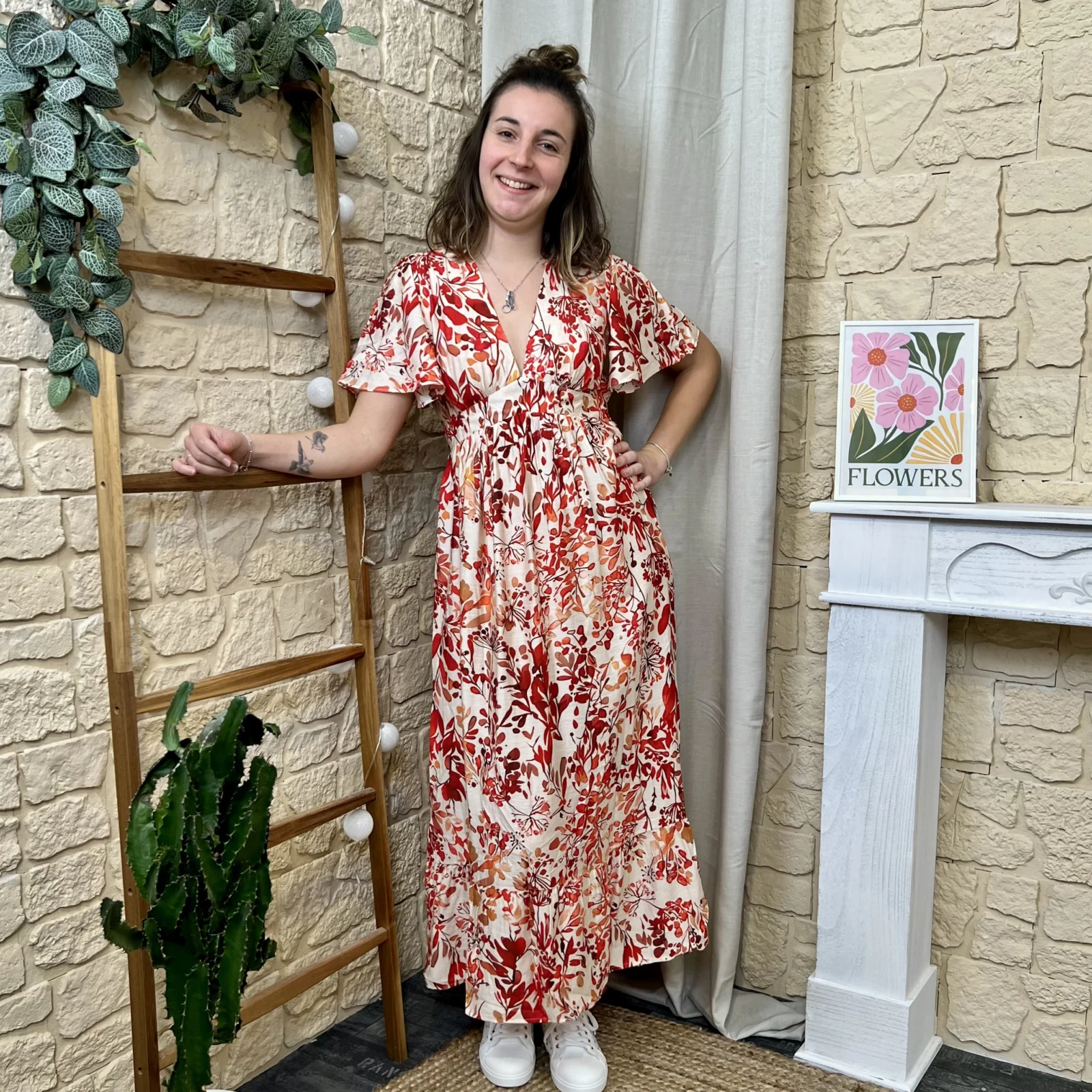 I687 - Robe longue fleurie (T36-T38) - corail - 38