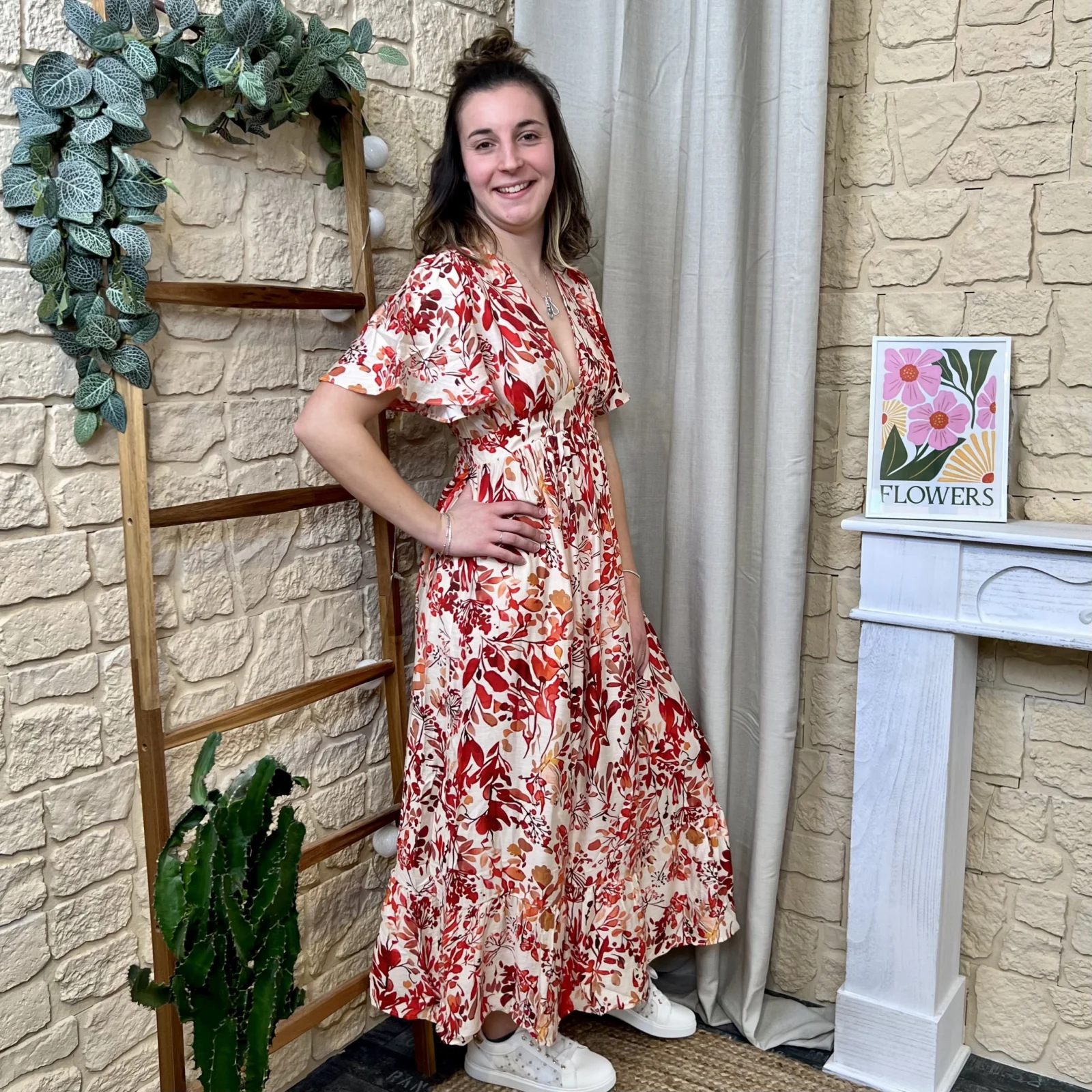 I687 - Robe longue fleurie (T36-T38) - corail - 38