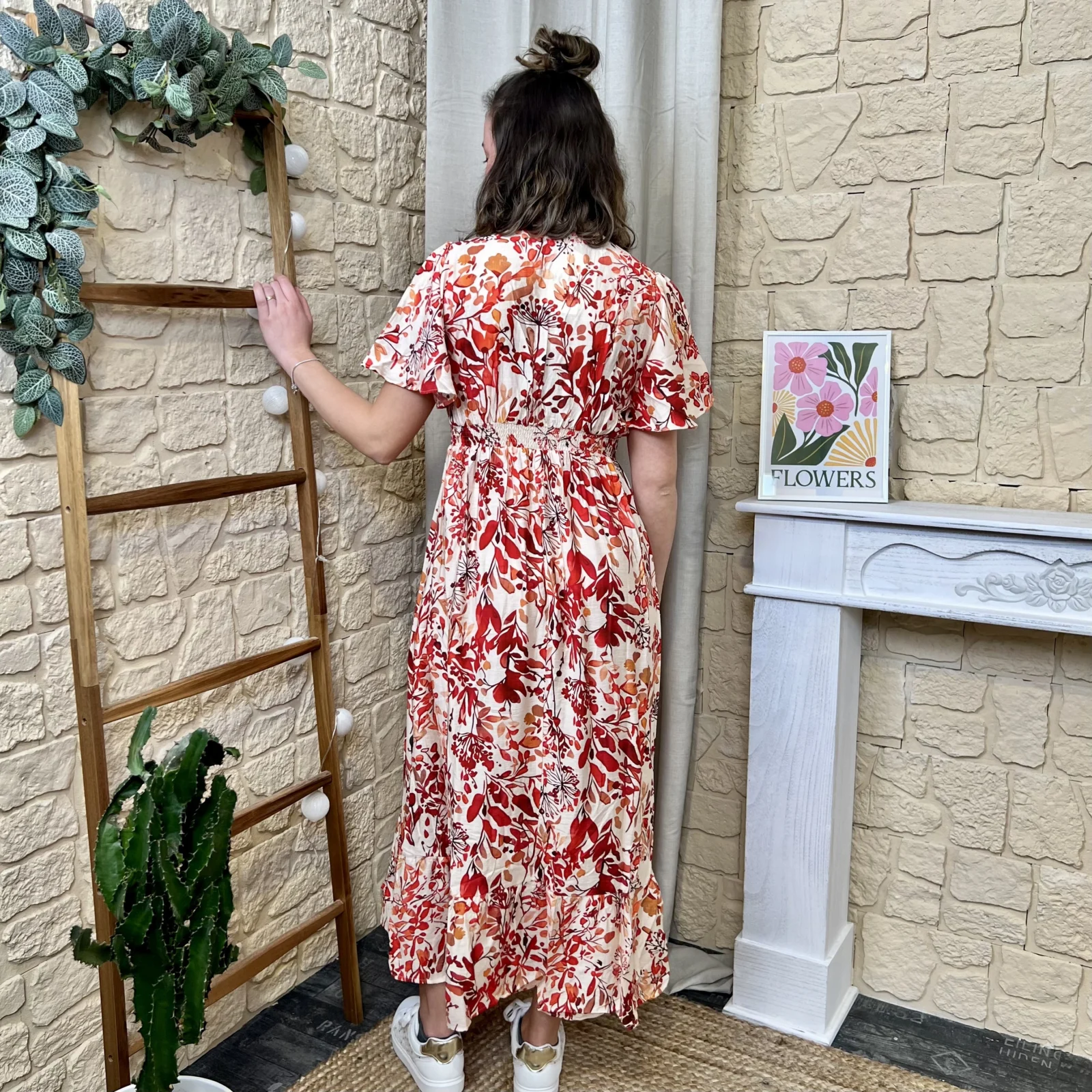 I687 - Robe longue fleurie (T36-T38) - corail - 38