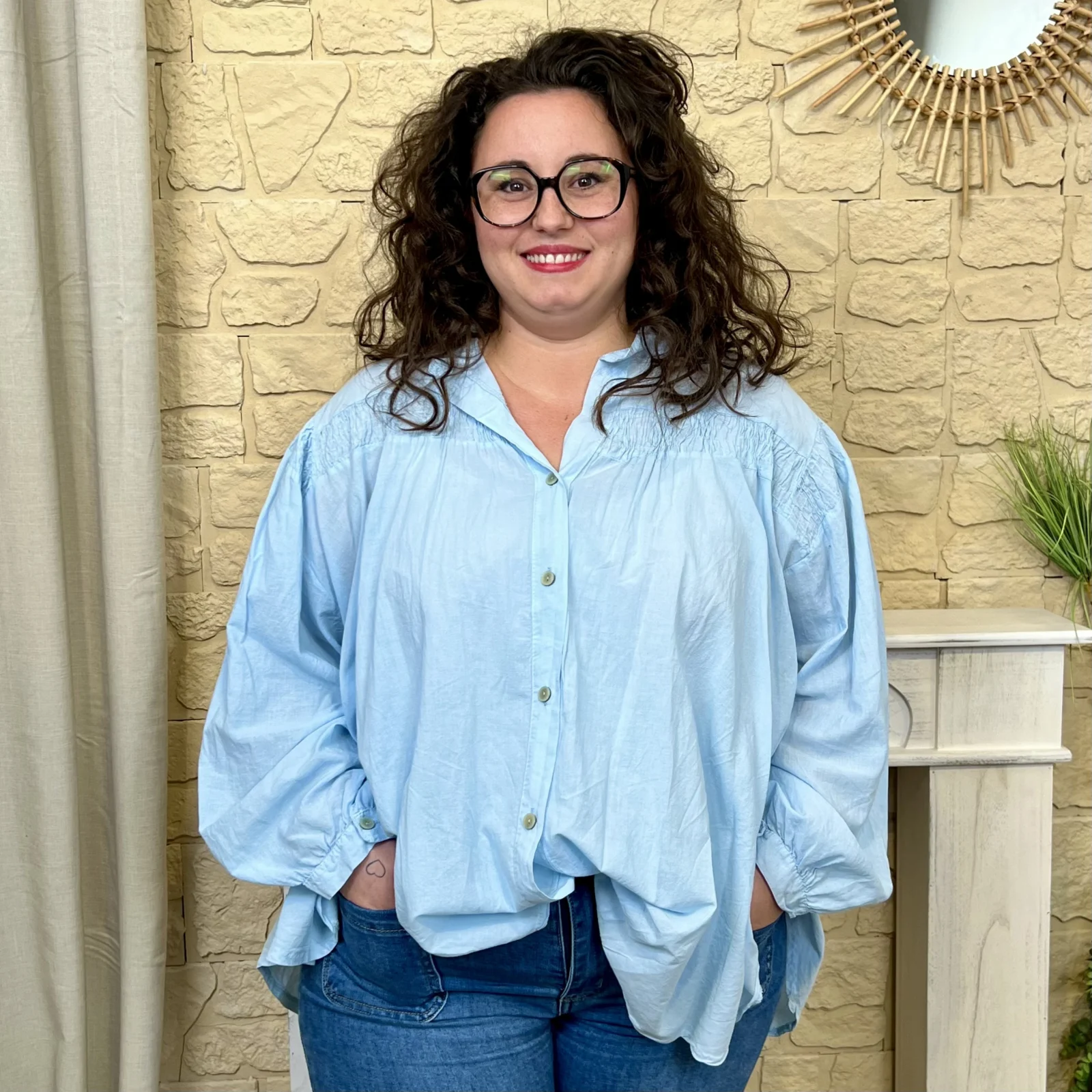 J692 - Blouse en coton (GT) - bleu-ciel - taille-unique-grande-taille