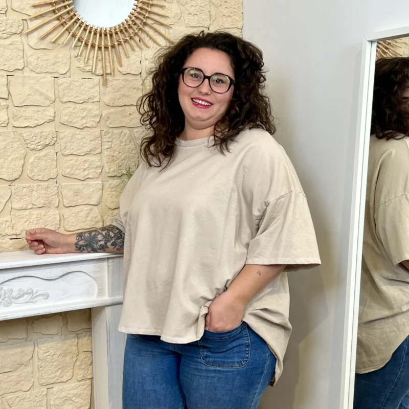 T-shirt femme délavé coupe ample « Jolies Formes » - beige - taille-unique-grande-taille