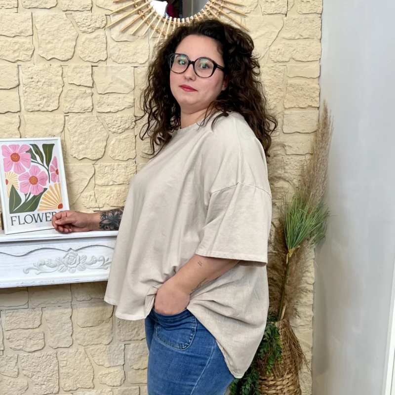 T-shirt femme délavé coupe ample « Jolies Formes » - beige - taille-unique-grande-taille