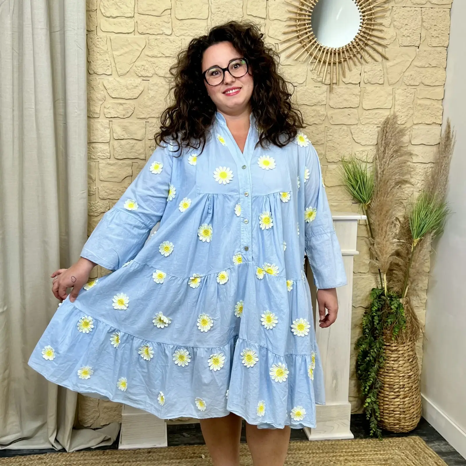 J695 - Robe trapèze marguerites (GT) - bleu-ciel - taille-unique-grande-taille