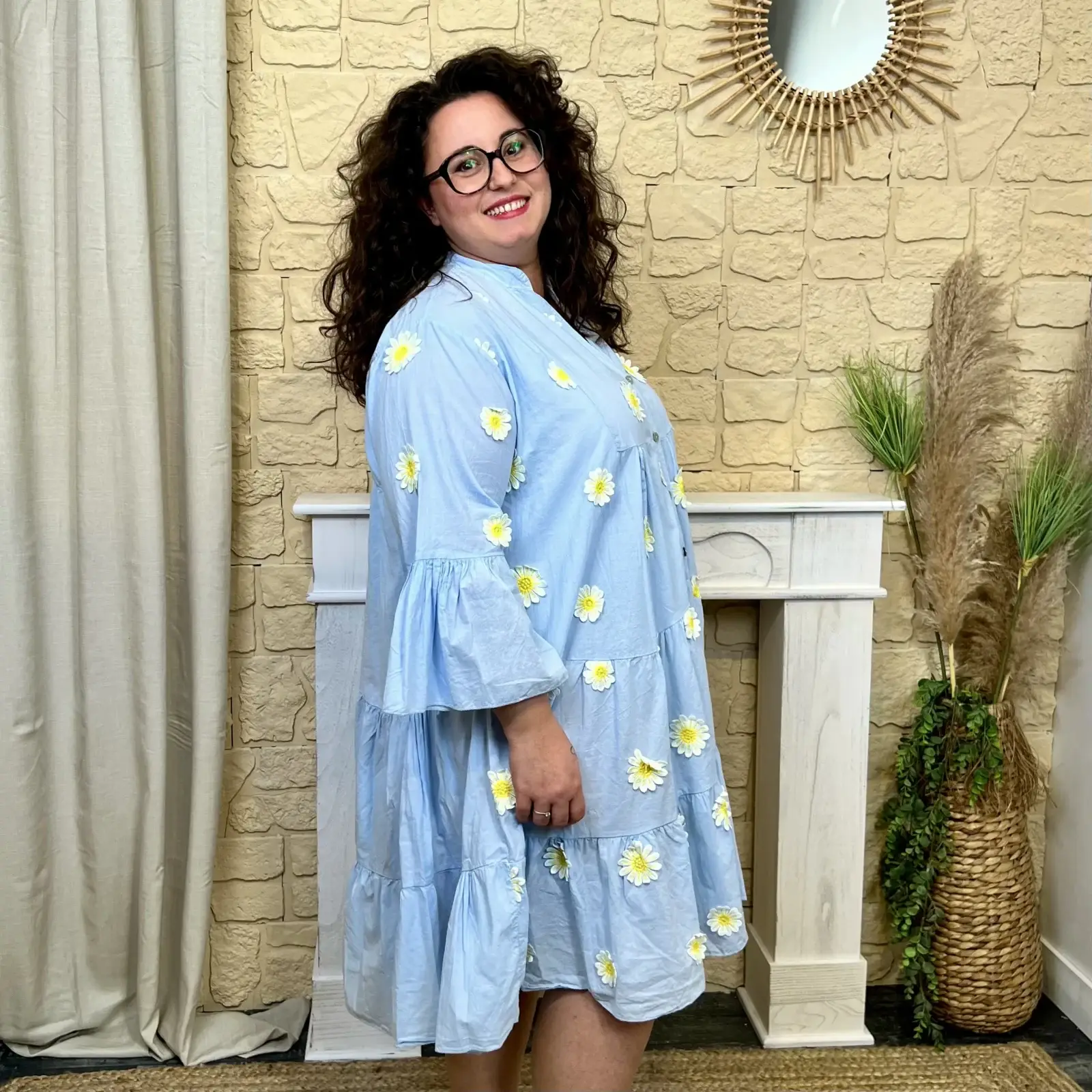 J695 - Robe trapèze marguerites (GT) - bleu-ciel - taille-unique-grande-taille