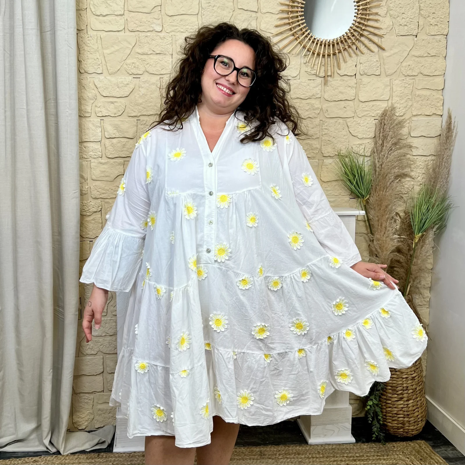 J695 - Robe trapèze marguerites (GT) - blanc - taille-unique-grande-taille
