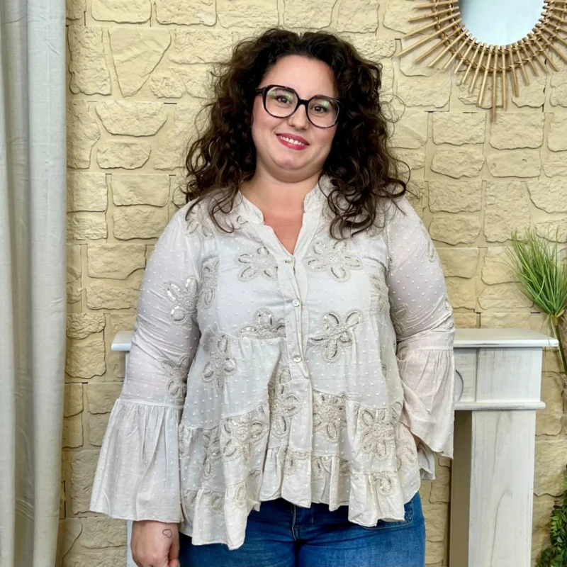 J703 - Blouse en coton brodée (GT) - beige - taille-unique-grande-taille