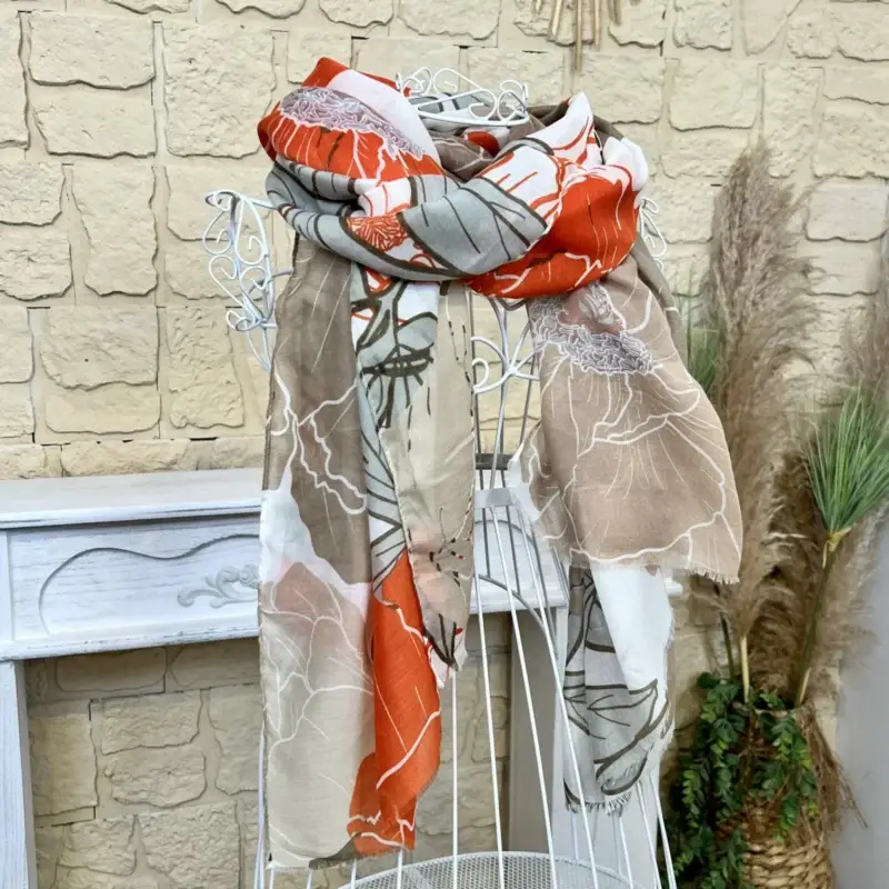Y456 - Foulard pivoines - orange - sans-taille