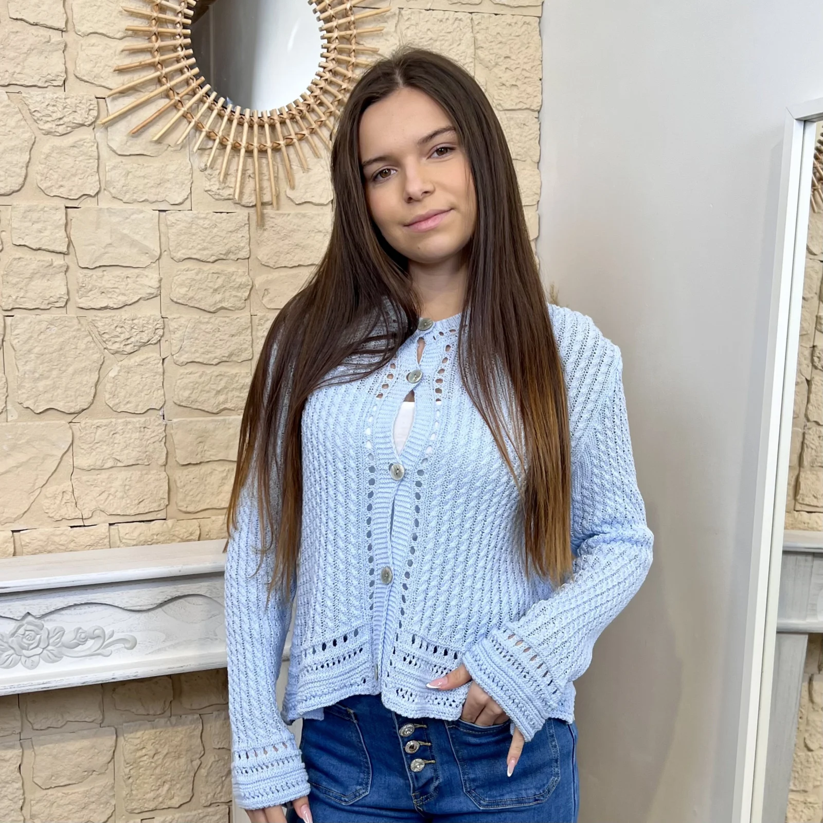 I663 - Gilet en maille tressée (TU) - bleu-ciel - taille-unique