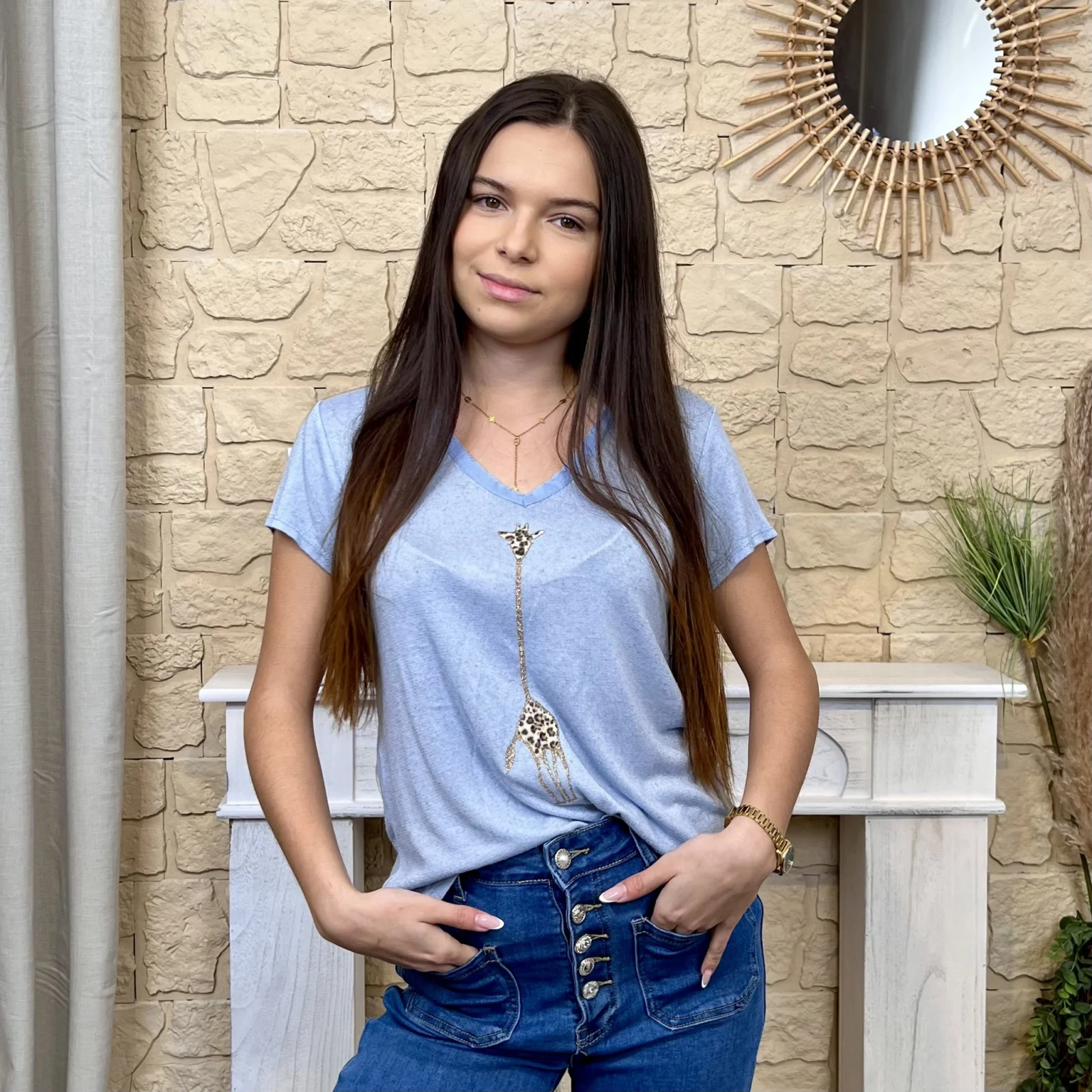 I668 - T-shirt girafe (TU) - bleu-ciel - taille-unique