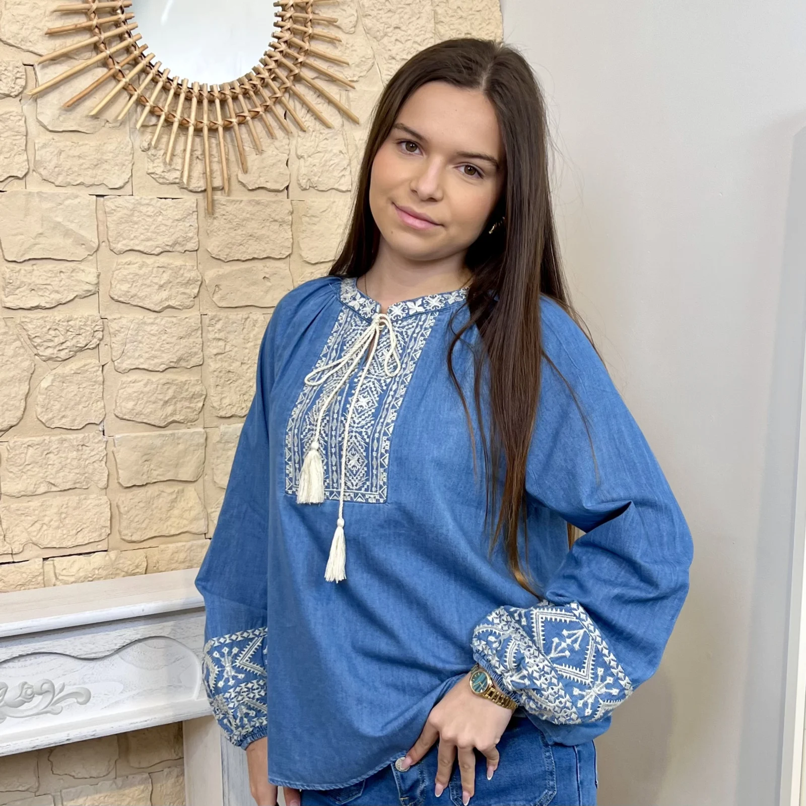 I643 - Blouse brodée denim (T36-T40) - denim - 40