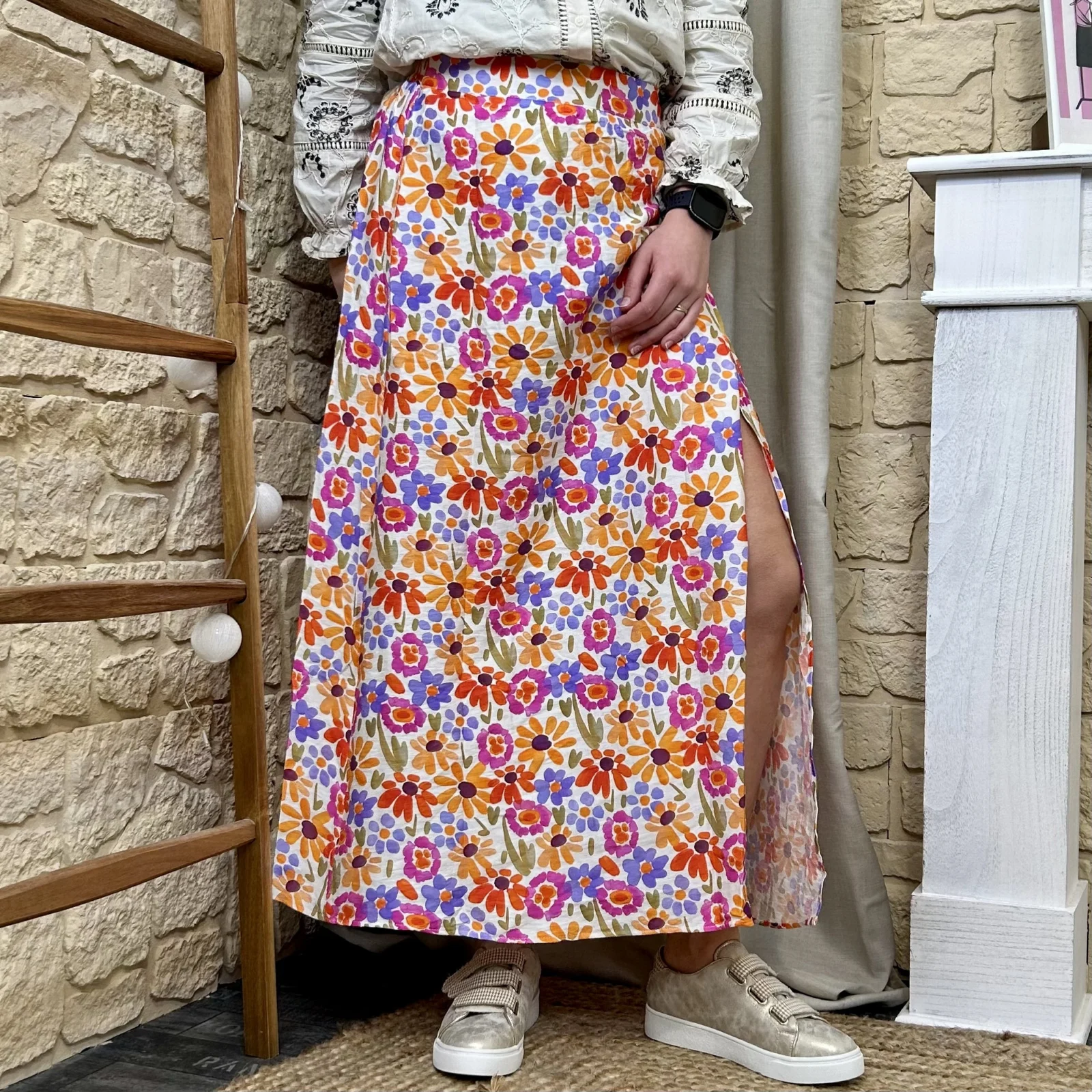 L674 - Jupe longue marguerites (T36-T38) - orange - 38