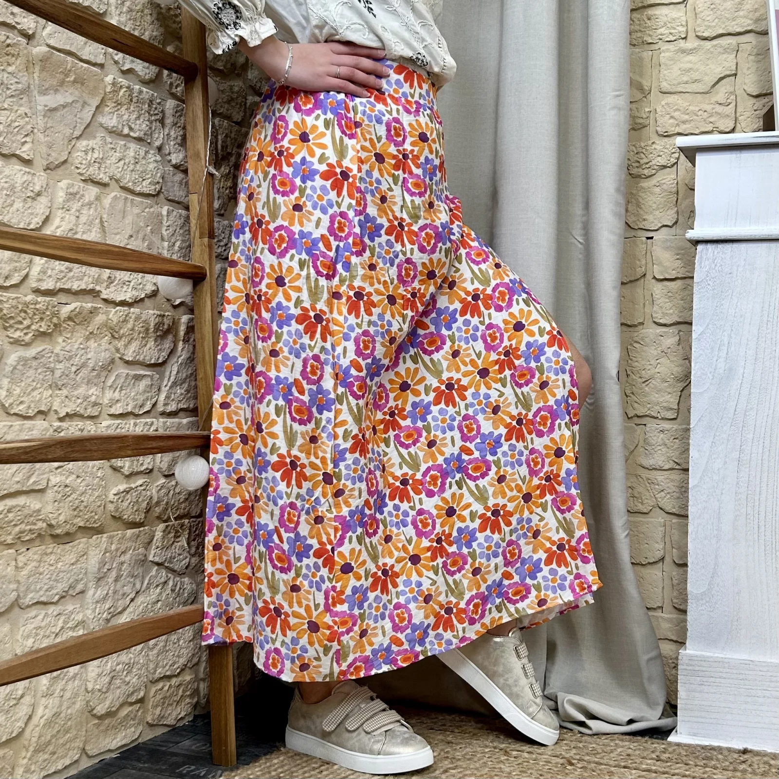 L674 - Jupe longue marguerites (T36-T38) - orange - 38