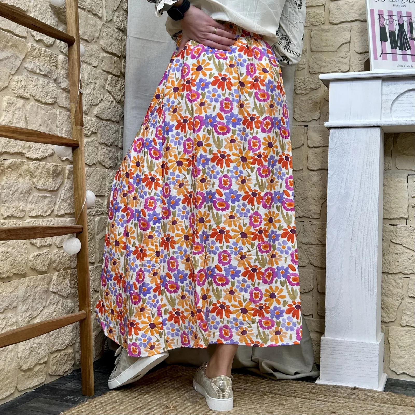 L674 - Jupe longue marguerites (T36-T38) - orange - 38