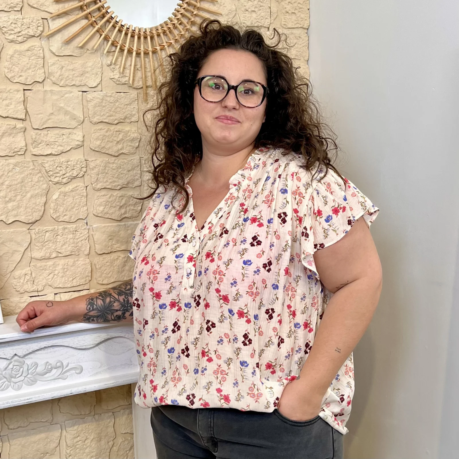 J671 - Blouse florale (T40-T48) - rose-pale - 48