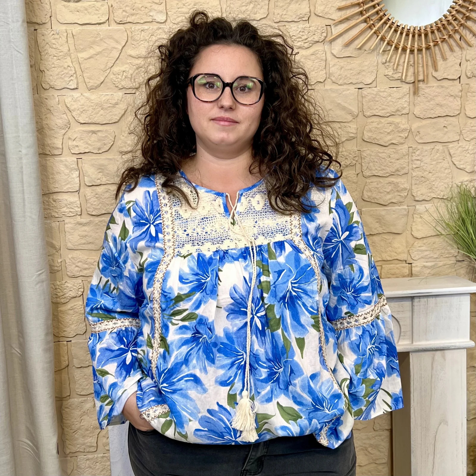 J658 - Tunique florale (T44-T52) - bleu-royal - 48