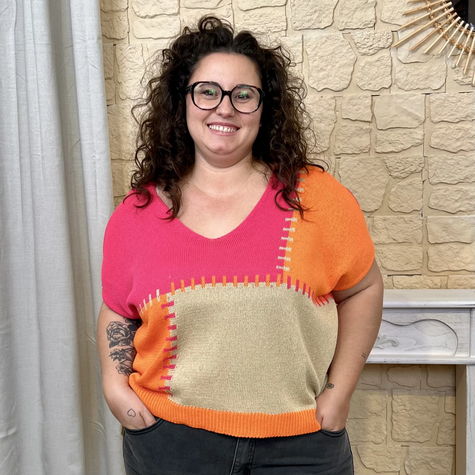 J656 - Pull patchwork (GT) - rose - taille-unique-grande-taille